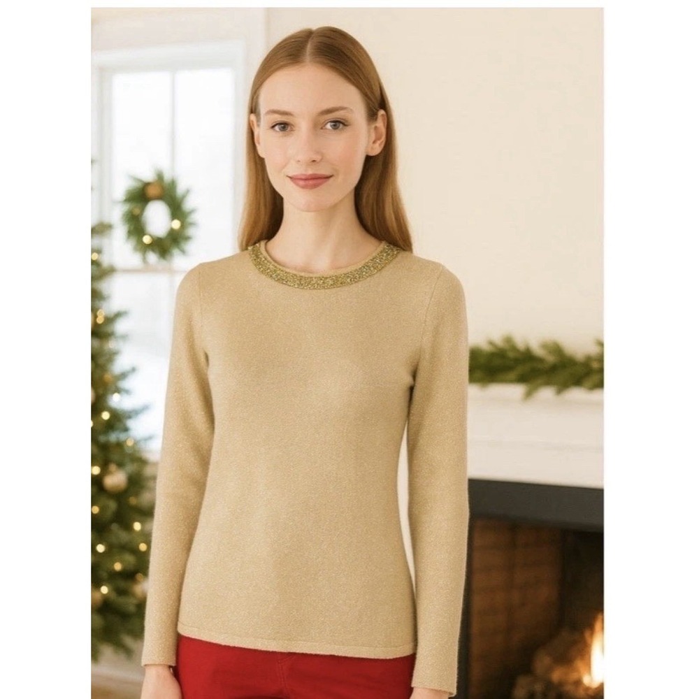 J MCLAUGHLIN Metallic Shimmer Gold XS Beaded  Embellished Knit Sweater Pullover